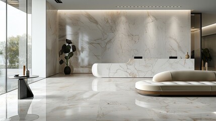 Wall Mural - Minimalist style luxury building lobby with marble floor, The walls are mainly white, Reception desk with Sofa