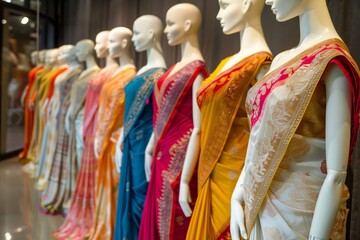 Wall Mural - row of mannequins showcasing different saree styles in shop