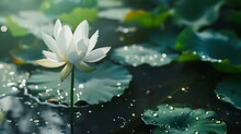 Generative AI : Beautiful White Lotus Blooming In The Pool And Water Drops On Lotus Flower And Lotus Leaf