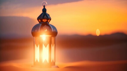 Canvas Print - Lantern in the desert at sunset. Ramadan Kareem background, Arabic lantern with burning candle in desert at sunset for Ramadan, AI Generated