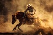 Exciting cowboy on bucking bronc in dusty rodeo arena showcasing thrilling action and skill. Concept Rodeo Action, Bucking Bronc, Cowboy Skills, Thrilling Moments, Dusty Arena