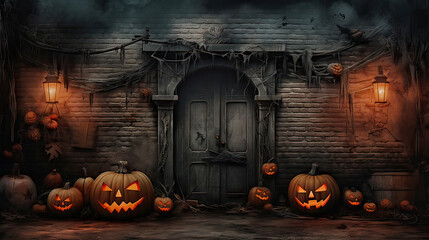 Wall Mural - Pumpkins In Graveyard In The Spooky Night - Halloween Backdrop. Generative ai illustration.