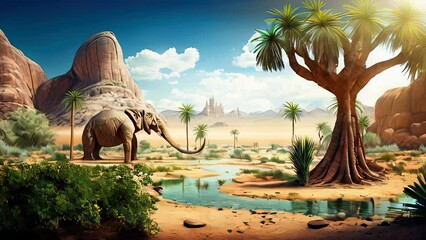 Wall Mural - The landscape of 10,000 BC was desertic and tropical, with arid conditions, little vegetation, and large sandy areas. It was hot and dry with limited rainfall. Game background. AI-generated