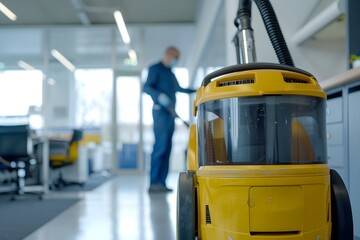 Wall Mural - A worker using an industrial vacuum cleaner in an office setting for a cleaning service company. Concept Cleaning Services, Industrial Equipment, Office Environment, Worker in Action