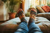 Fototapeta  - person wearing knitted socks resting feet on ottoman