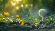 A small white cartoon character observes a young plant amidst blooming flowers, illuminated by ethereal sunlight.