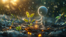 Close-up Shot Of A Radiant Cartoon Character Nurturing A Plant Amidst Sparkling Lights And Lush Greenery Under A Glowing Sun.