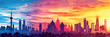 A striking silhouette of a city skyline against a colorful sunset sky, showcasing the iconic landmarks and structures of an urban environment.