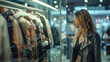 pretty young woman shopping at a clothing store, young girl in the shop, pretty woman portrait