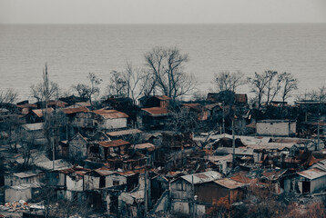 destroyed and burned houses in the city Russia Ukraine war