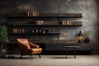 Black minimal workplace room book shelf and wall is wood slack and gray concrete black furniture