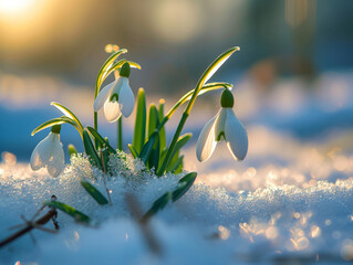 Snowdrop flowers growing through the snow in early spring