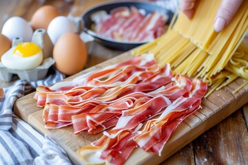 Wall Mural - person layering pancetta pieces on a chopping board with pasta and eggs behind