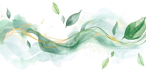 Canvas Print - Watercolor soft green leaves with abstract gold wave lines on a white background. This abstract art banner vector illustration is designed for artwork posters or web templates.