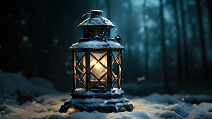 Poster - A solitary lantern casts a warm glow on the serene, snow-covered landscape, lantern in the snow, AI Generated