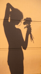 Shadow silhouette of a young woman holding flower bouquet and dancing in morning sunlight. Shade of girl wall outside. Concept of self-love care rest, home, lifestyle, aesthetic, freedom, joy routine