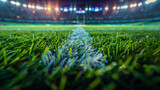 Fototapeta Sport - A soccer field with a bright sun shining on the grass