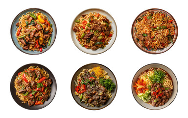 Wall Mural - Collection of  top view plate of fried noodles with meats and vegetables isolated on a transparent background, PNG