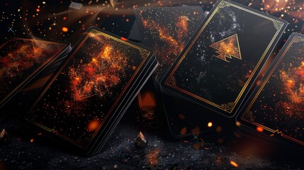 Wall Mural - Taro cards on black background with fire effect. Magic occult background.