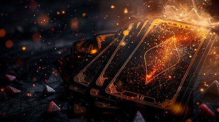 Poster - Taro cards on dark background with fire and smoke. Magic occult concept.