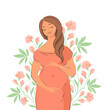 Pregnant woman, future mom. Mother's Day card decorated with flowers. Vector illustration.