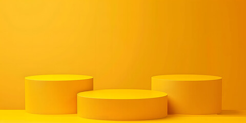 Wall Mural - A 3D yellow podium product display stage stands against a vibrant yellow background, offering an ideal setting for studio presentations, product showcases, or displaying geometric objects.