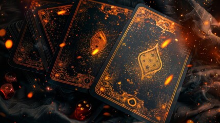 Wall Mural - Tarot cards with fire effect on black background. Magic occult background.