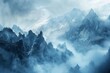 Beautiful misty mountain landscape, blue and grey colors