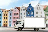 Fototapeta  - white food truck with its blank side facing a row of colorful buildings
