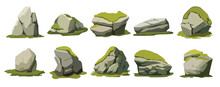 Cartoon Stone With Moss, Jungle Rock With Moss, Forest Rock Vector Illustration Set
