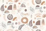 Fototapeta Boho - Playful, bohemian baby seamless pattern boasts adorable shapes in a beige palette, perfect for textiles, stationery, and nursery decor, exuding a cozy and modern charm.