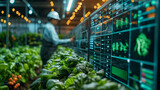 Fototapeta  - Agricultural worker, farmer monitoring plant health in high tech greenhouse, using digital data analysis for modern agricultural innovations and modern farming that uses technology for future of food