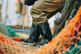 Fototapeta  - worker wearing waders while repairing nets