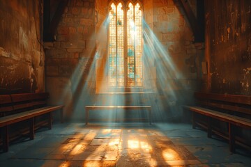 interior of a church with sunbeams and rays of light