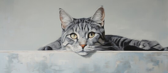 Poster - A realistic painting of a cute cat lying comfortably on top of a wooden table, with a soft and detailed background