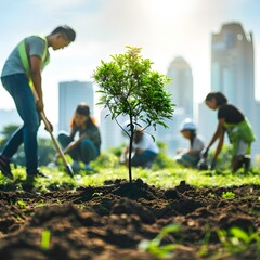 Wall Mural - People Planting Trees in Urban Parks,Merging City Skyline with Green Spaces,Symbol of Hope and Growth