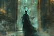 Mysterious cat figure in a ghostly cathedral. Gothic and dark fantasy concept. Design for video game environment, spooky storytelling, or mystical digital art