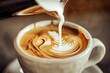 coffee pouring from a height into a cup, milk getting swirled in