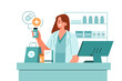Pharmacist standing at pharmacy counter and presenting prescription drug. Pharma professional at drugstore concept. Vector illustration.