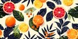 Complemented by decorative leaves and abstract elements, a vibrant illustration portrays an assortment of citrus fruits.