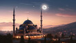 a painting of a mosque with a crescent moon