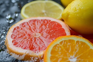 Sliced oranges, grapefruits and lemons, citrus assortment with fruits, delicious and juicy summer fruit food background concept
