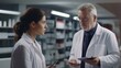 © FEEZAN ALI - A pharmaceutical sales representative engaged in a discussion with a female doctor in a modern medical building, as they review medications and treatment options