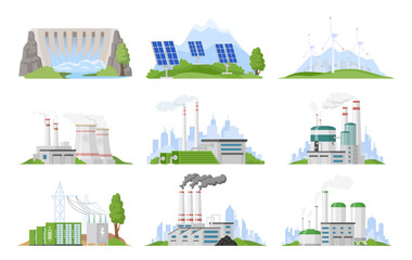 Nuclear energy thermal power plant electricity supply set isometric vector illustration