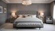 classic grey bedroom that exudes sophistication and elegance. The centerpiece of this tranquil space is a luxurious grey buttoned bed