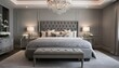 classic grey bedroom that exudes sophistication and elegance. The centerpiece of this tranquil space is a luxurious grey buttoned bed