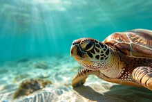 Beautiful Close Portrait Of A Turtle Swimming In Clear Water In The Ocean Or Sea
