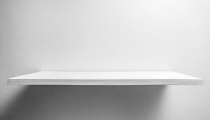 Fototapete - A white shelf with a white wall behind it. The shelf is made of wood with free space as a podium for product presentation