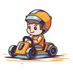 Wall Mural - Cute little boy driving a race car. Vector cartoon illustration.