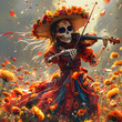 girl skeleton with flowers and in a dress plays violin dances in full growth, day of the dead Mexico